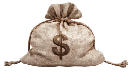 A textured burlap money bag tied with a drawstring, with a prominent dollar sign