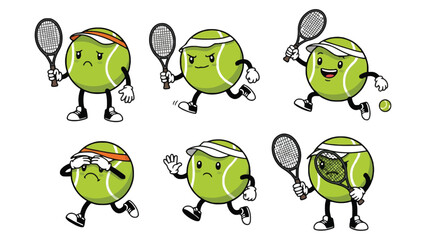 Cartoon tennis balls with different emotions and actions holding rackets