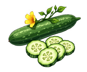 Fresh cucumber illustration with slices blossoms and vine leaves on transparent background
