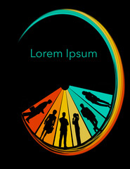 People are silhouetted  in wedges of a business pie chart in this 3-d illustration with copy space and text area.