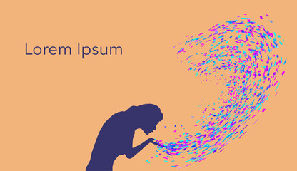 A woman is seen blowing on confetti in an illustration with text area.