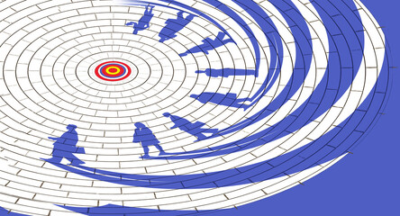 A business team leader, the boss, leads his employees on a path to their target in a 3-d illustration.