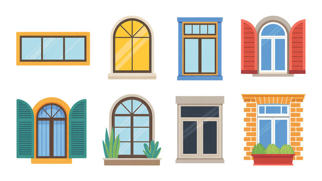 Window Illustrations in Various Styles and Colors with Decorative Elements for Graphic Design