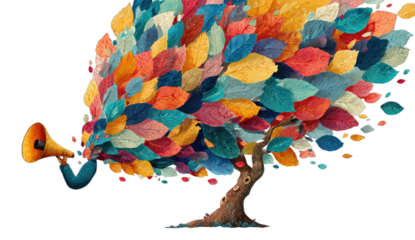 Whimsical tree sprouts colorful leaves from a megaphone speaker