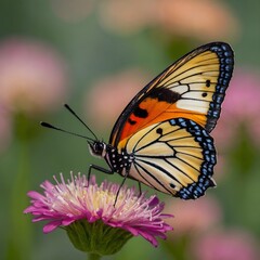 Obraz premium Mariposa naranja y negra posada sobre flor rosa en entorno natural, escena de biodiversidad y delicadeza