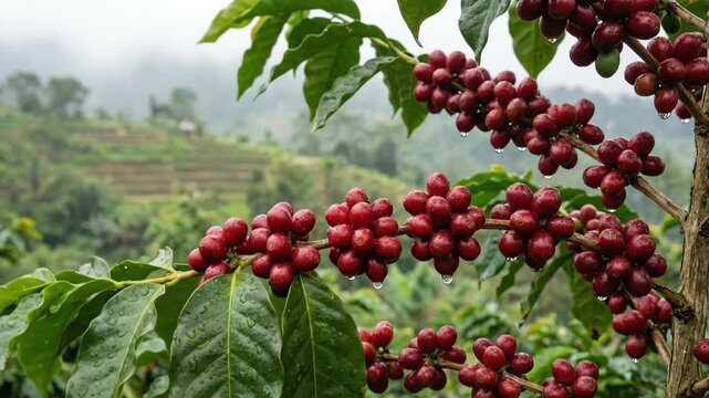 Ripe red coffee beans growing on branch with water drops overlooking scenic bali rice terraces. Food production in tropical nature.