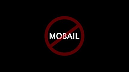 A circular red and black no mob ail text icon animation. stop, not allowed and ban concept animation on black background. 4k video