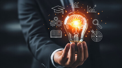 Creative intelligence innovation concept with glowing brain digital technology artificial thinking and modern idea generation