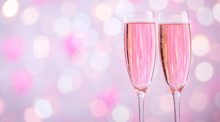 Two glasses of pink champagne with bubbles on purple bokeh background. Romantic rose wine toast for Valentine day celebration. Festive alcoholic drink for wedding or anniversary