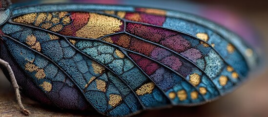 Close-up of jewel-toned insect wing with intricate pattern