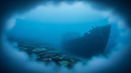 Fototapeta premium Underwater Shipwreck Through Coral Reef for Ocean Design