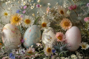 selective focus spring flowers surrounding pastel easter eggs