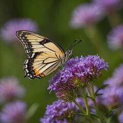 Fototapeta premium Mariposa posada sobre flor violeta en jardín natural, escena de naturaleza, delicadeza y equilibrio ecológico