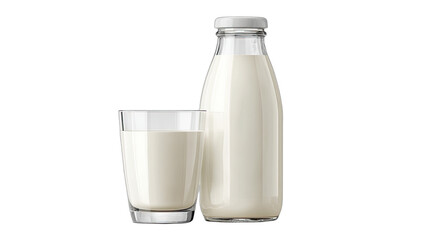 A clear glass bottle and a glass filled with white liquid