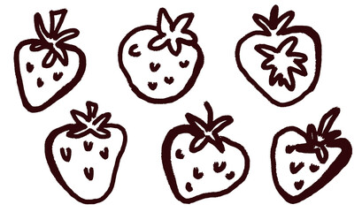 Hand drawn crayon strawberry fruits. Funky berries in minimalist ink brush charcoal style. Childish doodle style vector elements for tattoo, greeting card, menu, wedding invitation.