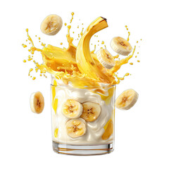 Creamy banana smoothie with slices exploding in liquid splash