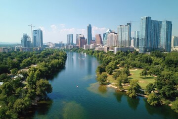 Aerial perspective of a city's skyline, with river flowing through lush greenery under a clear sky