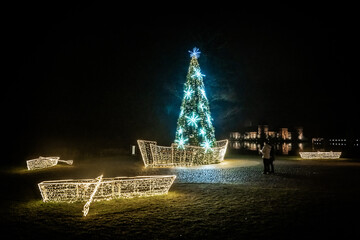 View of illuminated boat-shaped light decorations surrounding a glowing Christmas tree on the dark ground, Trakai, Lithuania.