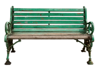 Weathered green slatted park bench with ornate cast iron legs