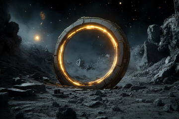 Luminous wormhole forms at the edge of a cosmic collision with swirling celestial matter and dark space backdrop