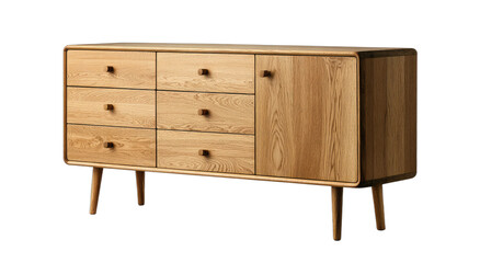 A wooden sideboard with drawers and a cabinet door on a dark background