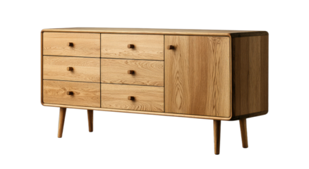 A wooden sideboard with drawers and a cabinet door on a dark background