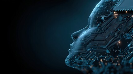 Artificial Intelligence Concept with Human Profile Silhouette Made of Glowing Blue Circuit Board and Digital Microchip Data Processing, Future Technology and Cybernetic Mind on Black Background