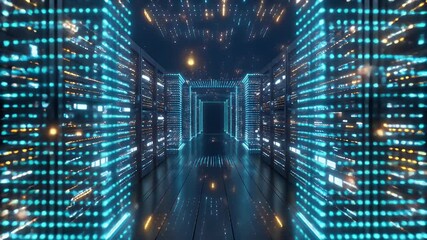 Futuristic server room with glowing blue and white lights, showcasing advanced data processing infrastructure and digital technology. - Powered by Adobe