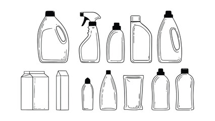 A collection of various cleaning product bottles and containers is shown.