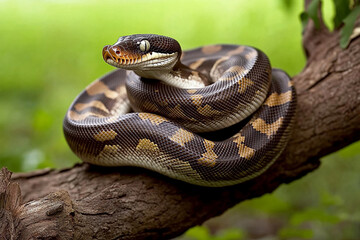 Massive python coiled around tree branch in lush forest environment during daylight