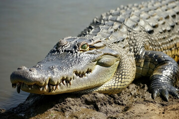 Fototapeta premium Massive saltwater crocodile basks under the sun by the riverbank in a natural habitat setting during daylight hours