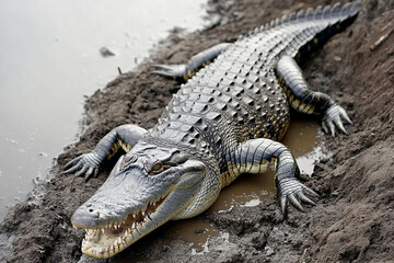 Obraz premium Massive saltwater crocodile soaking up sun on riverbank in a natural habitat