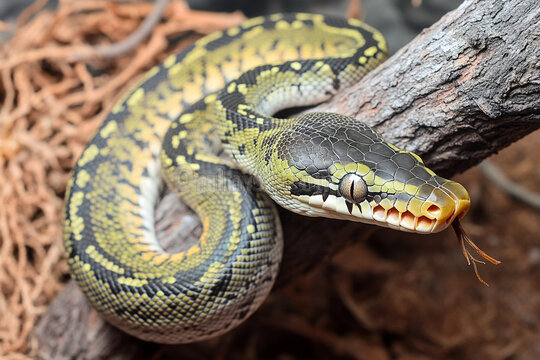Massive python coiled around tree branch displaying vibrant scales in natural habitat