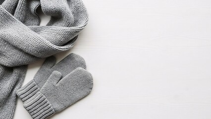 Warm Gray Scarf and Mittens on White Background Winter Apparel Flat Lay