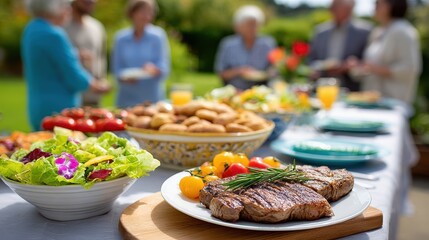 A vibrant outdoor gathering featuring a delicious spread of grilled steaks, salad, fresh vegetables, and pastries, surrounded by people enjoying each other's company.