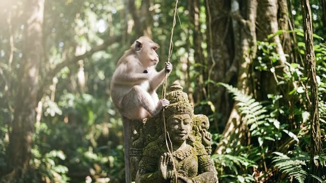 Wild macaque monkey sitting on a mossy balinese stone statue in a tropical forest in Bali, acting playful and nibbling on a vine