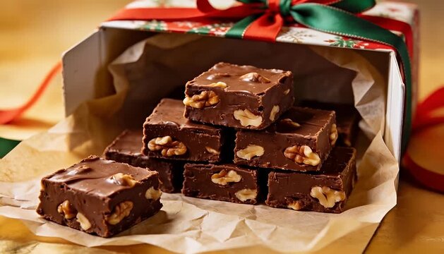 Delicious chocolate walnut fudge treats in festive holiday box for gifting and sharing chocolate fudge.