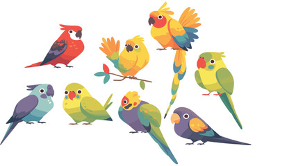 A collection of colorful cartoon parrots and parakeets are displayed.