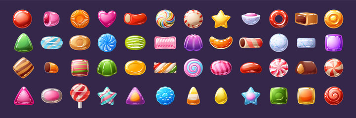 Big set of colorful vector sweets - candies, lollipops, chewing gum, toffie, jelly beans.
