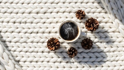 Cozy Hot Coffee Cup with Pine Cones on White Knitted Blanket Top View