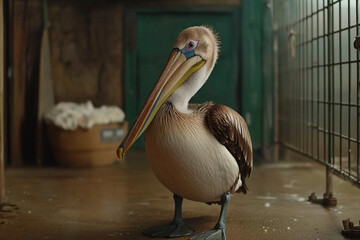Pelican receiving care and nourishment in wildlife rehabilitation facility for injured birds