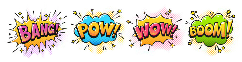 Bang Pow Wow Boom Lettering in Comic Explosive Vibrant Speech Bubbles. Pop Art Sound Effects in Retro Halftone Style. Colorful Bright Explosion Shapes for Stickers and Posters. Vector Illustration