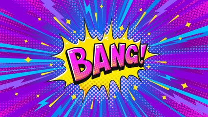 Bang Comic Pop Art Explosion with Bold Typography, Halftone Dots and Dynamic Lightning Rays on Vibrant Background. Retro Cartoon Sound Effect for Posters, Ads and Creative Design. Vector Illustration