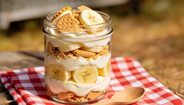 Layered banana cream dessert in a jar with biscuits and fruit outdoor setting desserts recipe, banana dessert.
