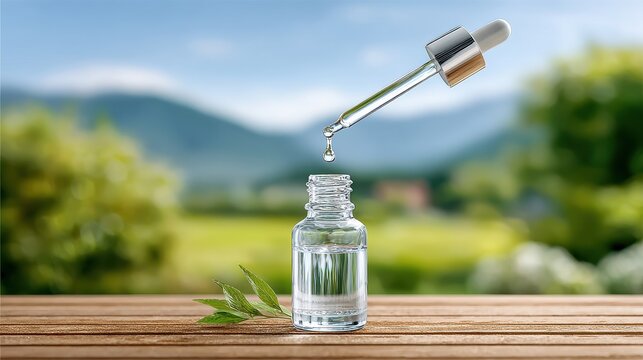 A dropper bottle is poised above a clear glass vial, with a drop of liquid about to fall, set against a serene nature backdrop featuring mountains.