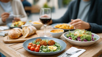 A vibrant outdoor dining scene featuring healthy dishes, including salads, falafel, and wine, enjoyed by friends at a wooden table.