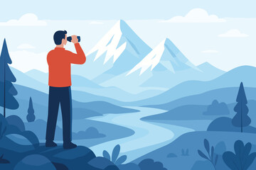Man standing on hilltop looking at mountain landscape with binoculars, scenic nature view with river and snow peaks, flat vector illustration
