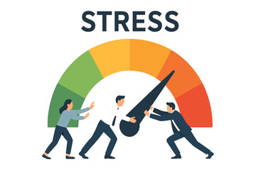 People adjusting stress level gauge, teamwork reducing pressure indicator, colorful meter showing tension, flat vector illustration
