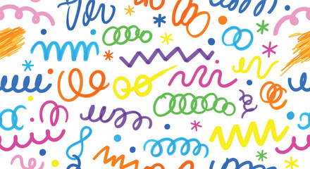 Naklejka premium Colorful abstract squiggles, loops, zigzags, and star shapes on white background playful decorative design