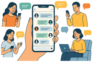 People communicating through mobile chat, hand holding smartphone with conversation screen, digital messaging and social interaction, flat vector illustration
